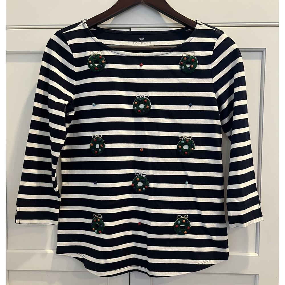 Talbots women 3/4 sleeve shirt sz. XS 100% cotton striped Christmas wreath print